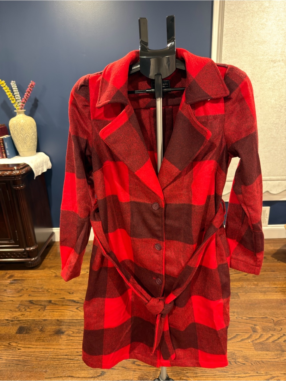 G by Giuliana Red and Dark Burgundy Plaid Belted Long Sleeve Buffalo Coat